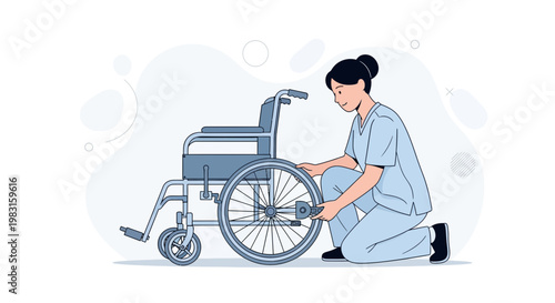 Nurse Adjusting Wheelchair Wheel for Patient Care