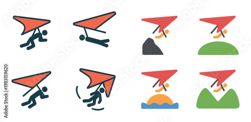 Hang glider flying over landscape and water icons