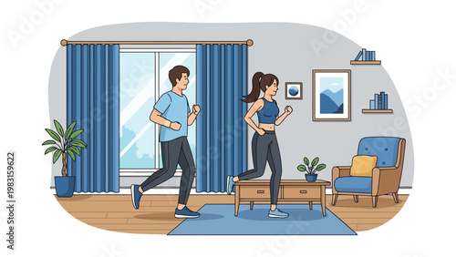 Healthy young couple in sportswear jogging together in a modern living room for a home fitness workout, flat line art vector illustration