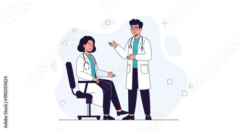 Doctors discussing medical case, female doctor sitting, male doctor standing, medical consultation