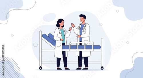 Doctors Discussing Near Hospital Bed, Medical Consultation, Healthcare Teamwork