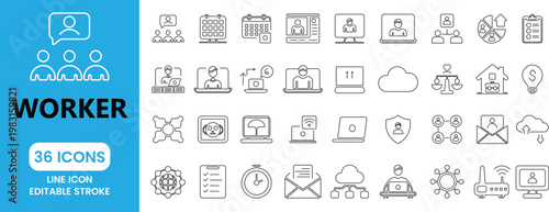 Worker and Business Management Line Icons for Remote Work and Freelancing