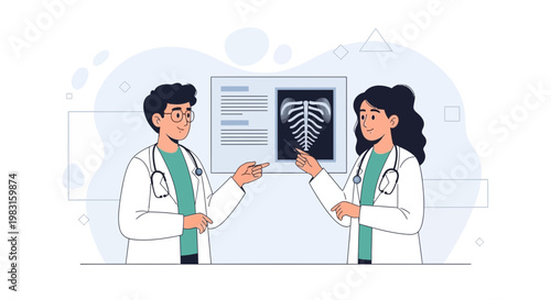 Doctors Discussing X-ray Image of Rib Cage, Medical Consultation, Healthcare Teamwork