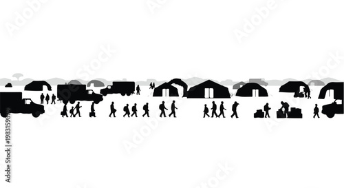 Minimalist illustration of a migration camp with shelter tents and relief vehicles