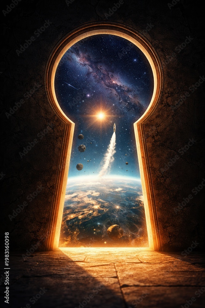 Fototapeta premium Rocket launching toward galaxy through glowing portal doorway symbolizing exploration future and discovery