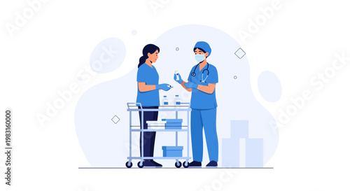 Healthcare professionals in blue uniforms preparing medical supplies on a cart