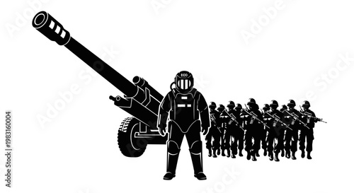 Military Soldier in Hazmat Suit Standing Beside Artillery Cannon and Troops