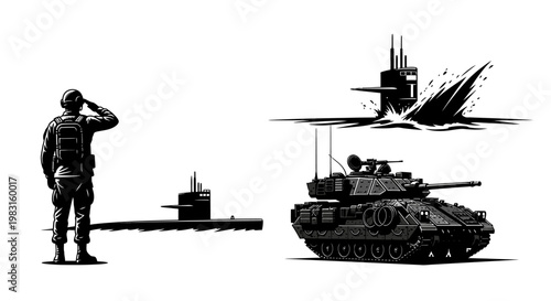 Military Soldier Saluting Submarine and Tank, Naval and Land Warfare Concept