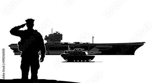 Military Soldier Saluting Aircraft Carrier and Tank Silhouette