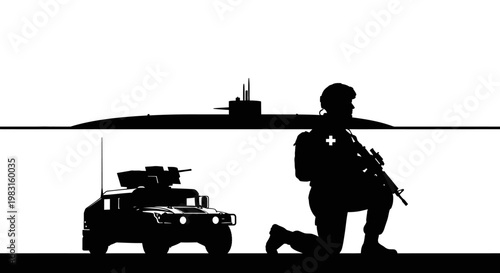 Military Soldier, Armored Vehicle, Submarine Silhouette: Special Forces Operation
