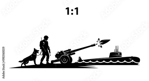 Military Soldier, Dog, Cannon, and Submarine Silhouette - 1:1 Ratio