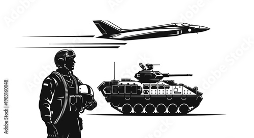 Military Soldier, Tank, and Fighter Jet in Dynamic Action Illustration