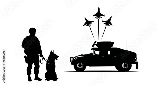 Military Special Forces Soldier with Dog, Humvee, and Fighter Jets Silhouette