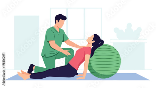 Male physiotherapist in green scrubs assisting a female patient with back exercises using a large green stability ball in a professional medical clinic