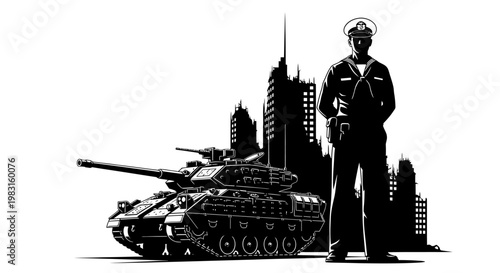 Military Tank and Soldier Silhouette Against City Skyline