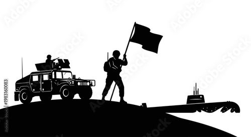 Military Victory: Soldier with Flag, Humvee, and Submarine Silhouette on Hilltop