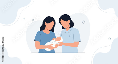 Mother and Nurse with Newborn Baby, Maternity Care, Healthcare Support