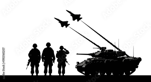 Silhouette of Soldiers, Tank, and Fighter Jets in Formation