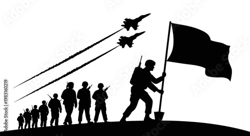 Silhouette of soldiers marching with flag and fighter jets flying overhead