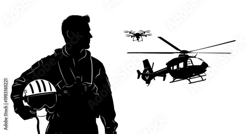 Pilot with Drone and Helicopter Silhouette - Modern Aviation Technology