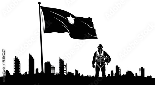 Pilot Standing Before City Skyline and Waving Flag Silhouette