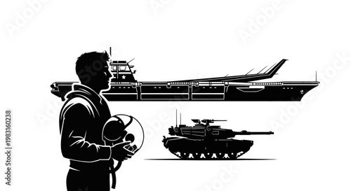 Pilot with Helmet Looks at Aircraft Carrier and Tank - Military Power Concept