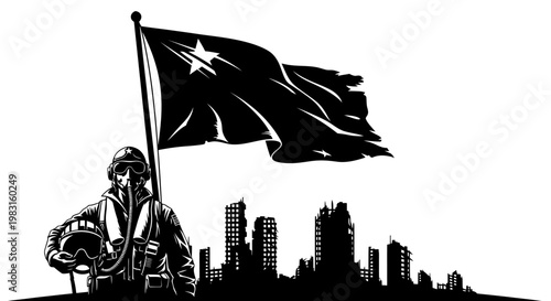 Pilot Standing Before City Skyline with Tattered Flag