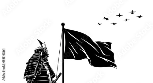 Samurai Warrior and Black Flag with Fighter Jets Flying Overhead