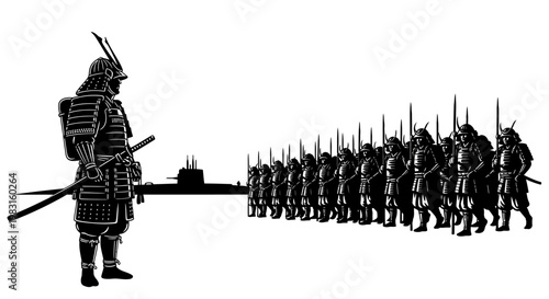 Samurai army formation, warrior leader standing before ranks of soldiers, historical battle concept