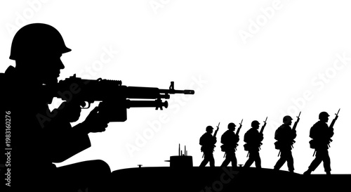 Silhouette Soldiers Marching with Machine Gun Firepower