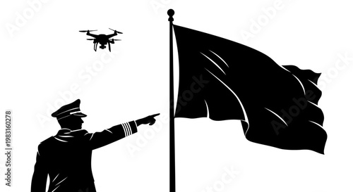 Police officer directing drone near flag on pole, surveillance concept