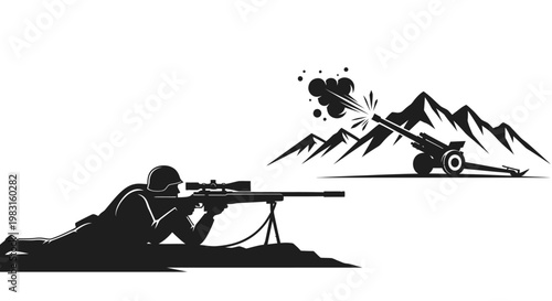 Sniper aiming at artillery gun firing in mountains, military conflict illustration