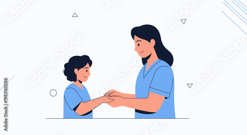 Mother holding child's hands, showing support and love, family connection, blue tones