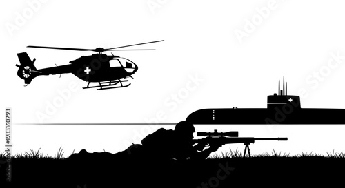 Sniper aiming at submarine with helicopter overhead, military operation silhouette