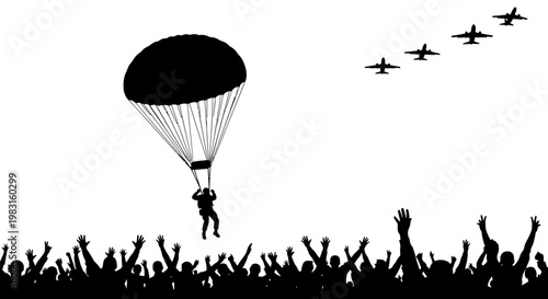 Skydiver Parachuting Over Cheering Crowd with Airplanes Flying Overhead
