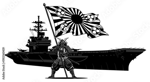 Samurai Warrior with Japanese Flag on Aircraft Carrier