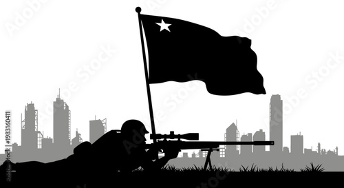 Sniper Soldier Silhouette with Flag and Cityscape Background