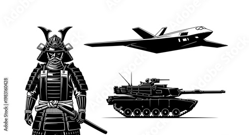 Samurai Warrior, Stealth Jet, and Modern Tank: A Fusion of Historical and Futuristic Warfare