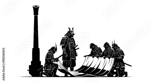 Samurai Warriors Unfurling Japanese Flag Beside Cannon