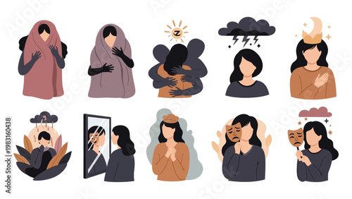 Mental health and psychology concept set featuring diverse flat vector illustrations of depression, anxiety, loneliness, and emotional support