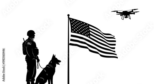 Security Guard with Dog and Drone near American Flag
