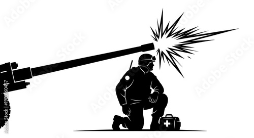 Soldier firing artillery cannon with explosion and medic kit