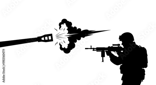Soldier firing machine gun, explosive muzzle flash, combat action, military warfare