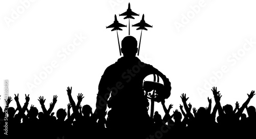 Silhouette of Pilot and Fighter Jets Over Cheering Crowd, Air Show Celebration