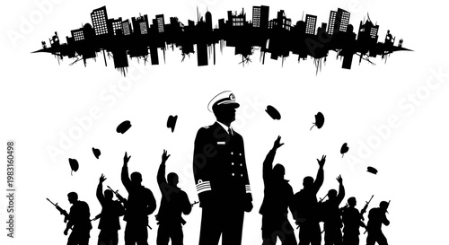 Silhouette of Military Leader with Soldiers and Destroyed Cityscape