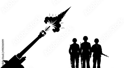 Silhouette of Artillery Firing with Soldiers Standing Guard