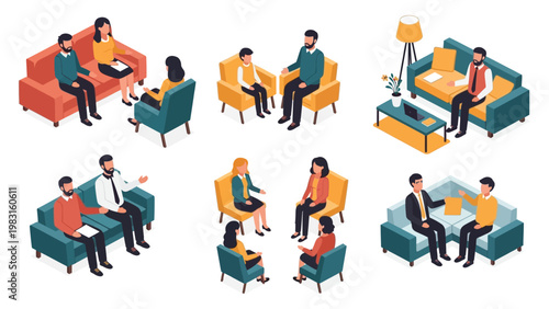 Modern therapy clinic and office interior scenes in isometric style showing therapists talking to couples, families, and groups for mental health support