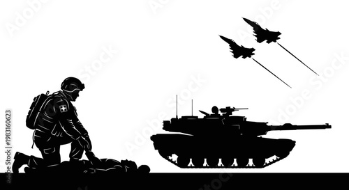Soldier tending to wounded comrade, tank, fighter jets in sky, military conflict concept
