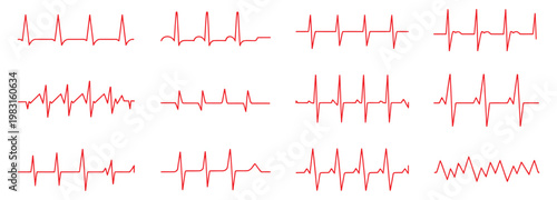 Heartbeat icon set vector on white background, modern line and flat medical icons showing pulse waveform, ECG monitor, heart rate, and patient health diagnostics for healthcare and clinical