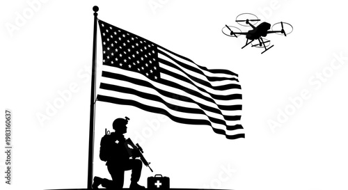 Soldier with Drone and American Flag: Modern Warfare and Surveillance